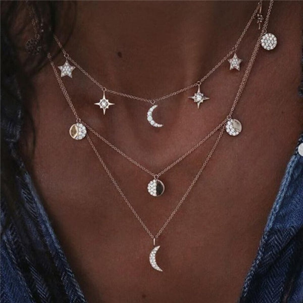 Boho Multi-element Crystal Necklaces For Women Fashion Gold Silver  Necklace Vintage Multiple Layers Pendant Necklace Jewelry