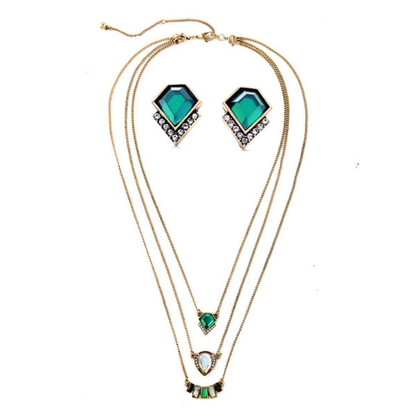 Fashion Stud Earrings Jewelry Accessory Gorgeous Cute Vintage Geometry Green Earrings For Women Layer Brand Pendant Necklace Set