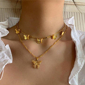 2 Pcs/Set Gold Color Women Fashion Butterfly Pendant Double Layer Necklace Statement Choker Necklace for Women Jewelry Gifts