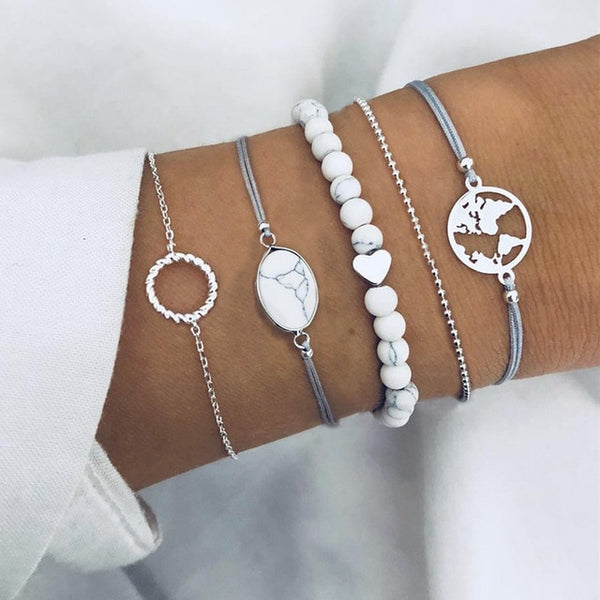 DIEZI Bohemian Grey Pink Rope Chain Bracelets Bangles For Women Star Ocean Moon Color Heart Charm Bracelets Sets Jewelry Gifts