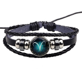 Womens Mens Multilayer Glowing in the dark 12 Constellations Charm Leather Rope Braided Bracelets,12 Zodiac Bracelets