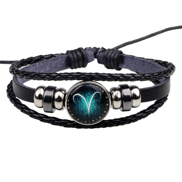Womens Mens Multilayer Glowing in the dark 12 Constellations Charm Leather Rope Braided Bracelets,12 Zodiac Bracelets