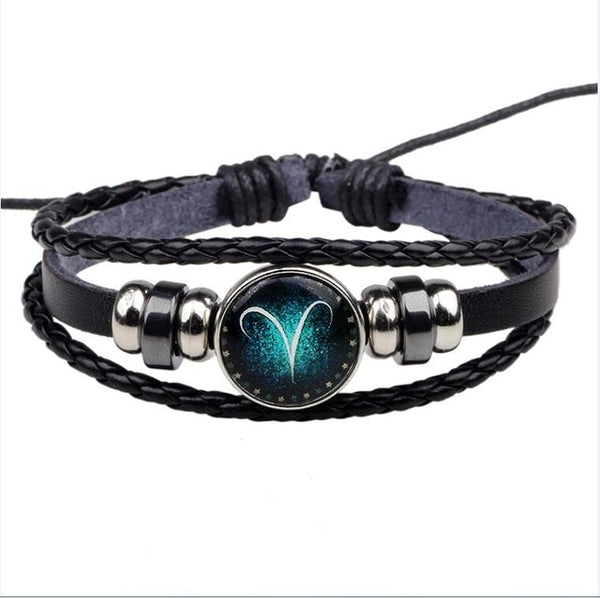 Womens Mens Multilayer Glowing in the dark 12 Constellations Charm Leather Rope Braided Bracelets,12 Zodiac Bracelets