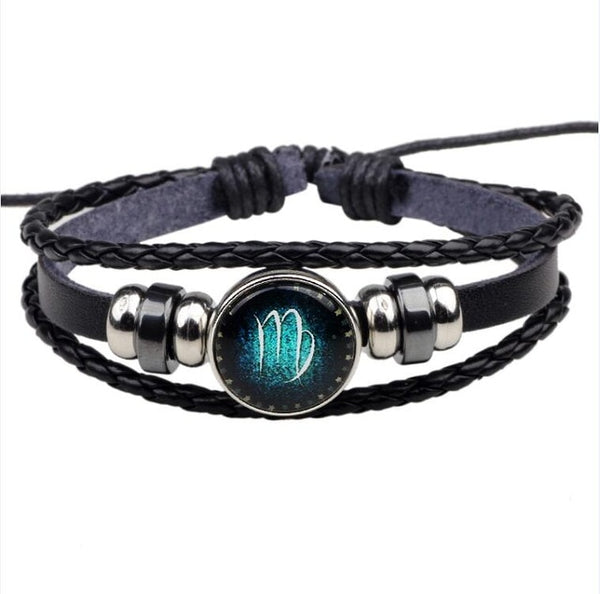 Womens Mens Multilayer Glowing in the dark 12 Constellations Charm Leather Rope Braided Bracelets,12 Zodiac Bracelets