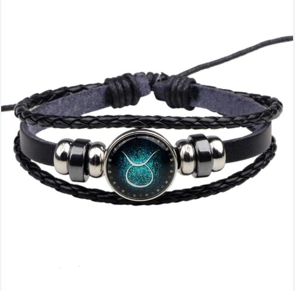 Womens Mens Multilayer Glowing in the dark 12 Constellations Charm Leather Rope Braided Bracelets,12 Zodiac Bracelets