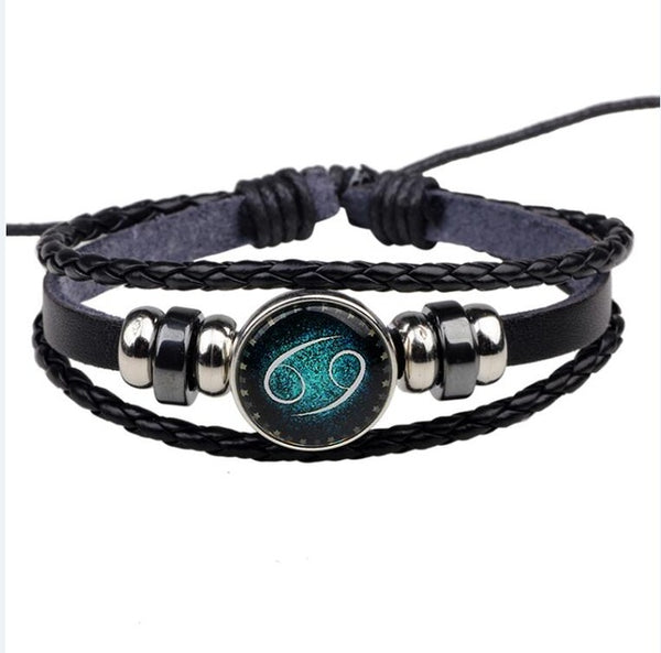 Womens Mens Multilayer Glowing in the dark 12 Constellations Charm Leather Rope Braided Bracelets,12 Zodiac Bracelets
