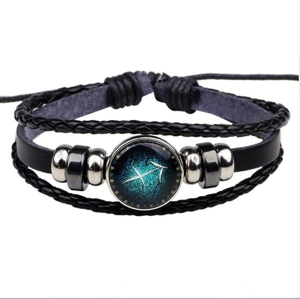 Womens Mens Multilayer Glowing in the dark 12 Constellations Charm Leather Rope Braided Bracelets,12 Zodiac Bracelets