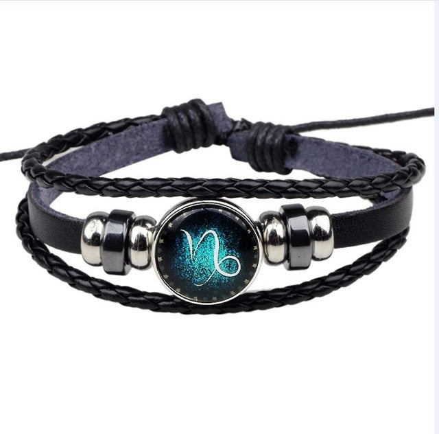 Womens Mens Multilayer Glowing in the dark 12 Constellations Charm Leather Rope Braided Bracelets,12 Zodiac Bracelets