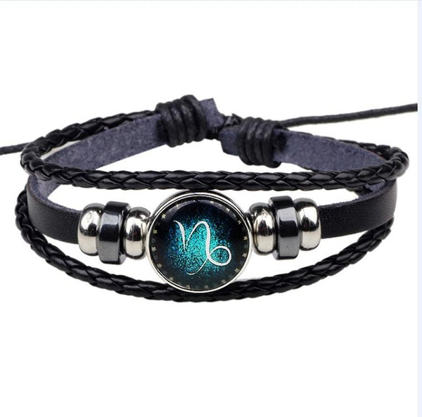 Womens Mens Multilayer Glowing in the dark 12 Constellations Charm Leather Rope Braided Bracelets,12 Zodiac Bracelets