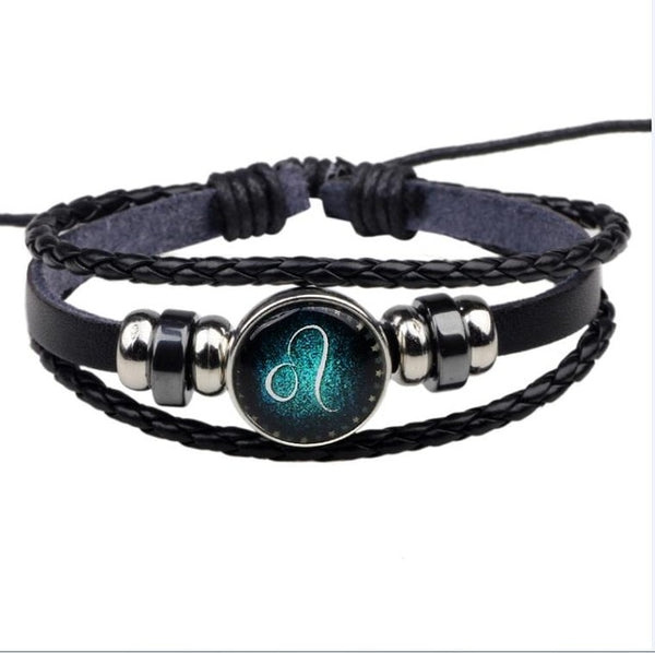 Womens Mens Multilayer Glowing in the dark 12 Constellations Charm Leather Rope Braided Bracelets,12 Zodiac Bracelets