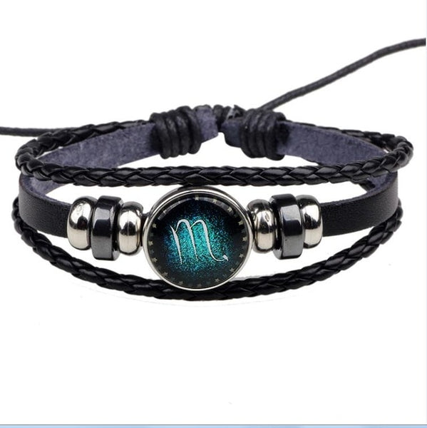 Womens Mens Multilayer Glowing in the dark 12 Constellations Charm Leather Rope Braided Bracelets,12 Zodiac Bracelets