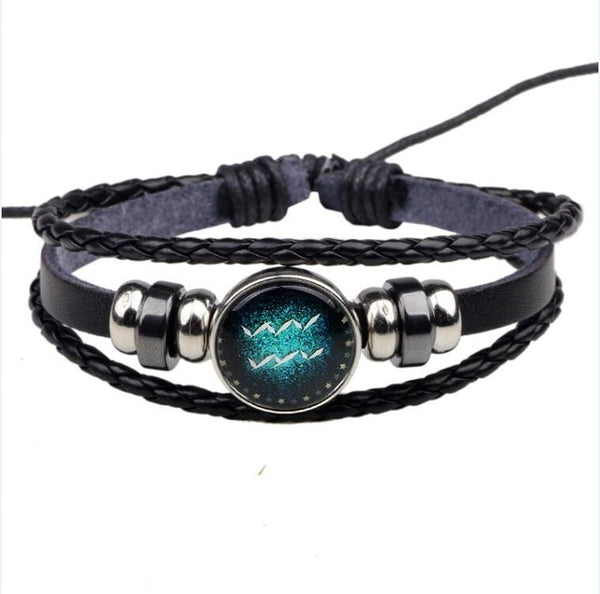 Womens Mens Multilayer Glowing in the dark 12 Constellations Charm Leather Rope Braided Bracelets,12 Zodiac Bracelets