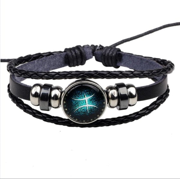 Womens Mens Multilayer Glowing in the dark 12 Constellations Charm Leather Rope Braided Bracelets,12 Zodiac Bracelets