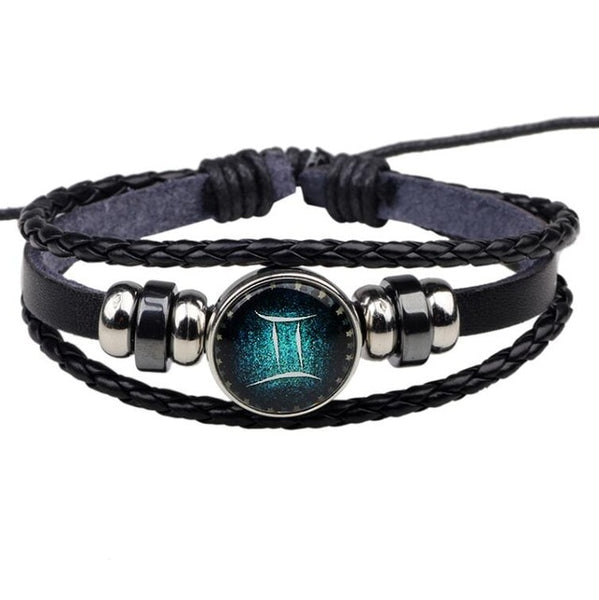 Womens Mens Multilayer Glowing in the dark 12 Constellations Charm Leather Rope Braided Bracelets,12 Zodiac Bracelets