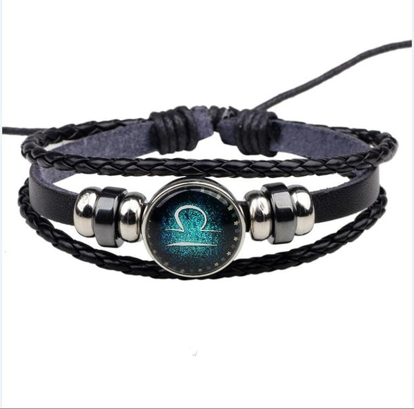 Womens Mens Multilayer Glowing in the dark 12 Constellations Charm Leather Rope Braided Bracelets,12 Zodiac Bracelets
